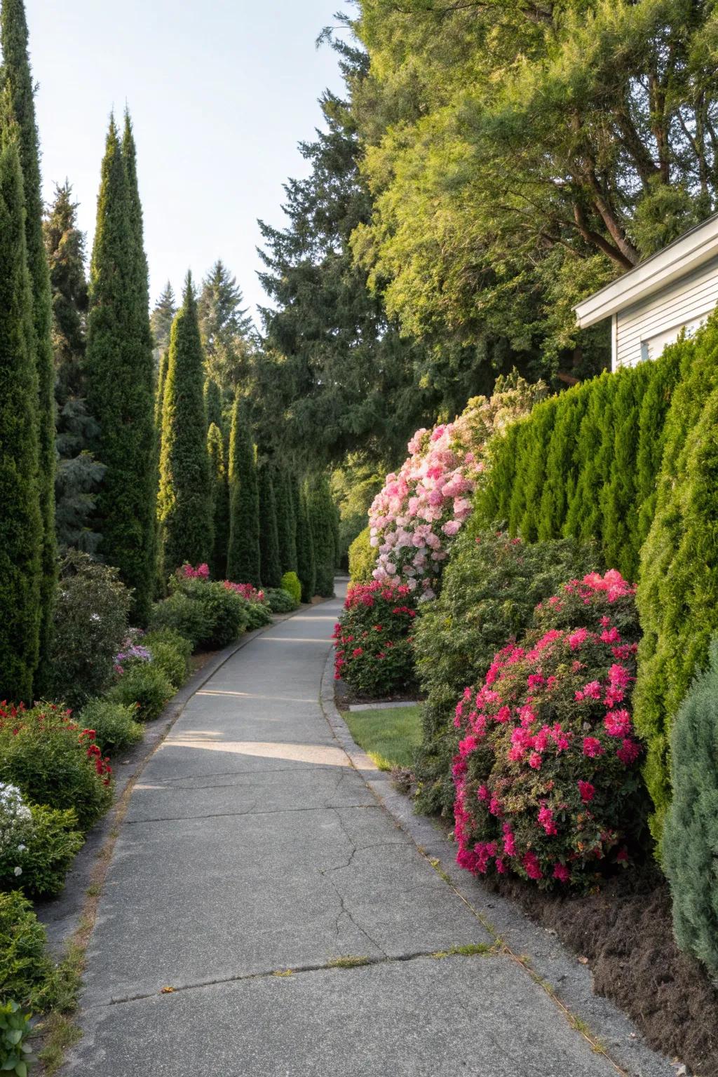 A varied combination of hedges injecting texture and hue into a driveway.