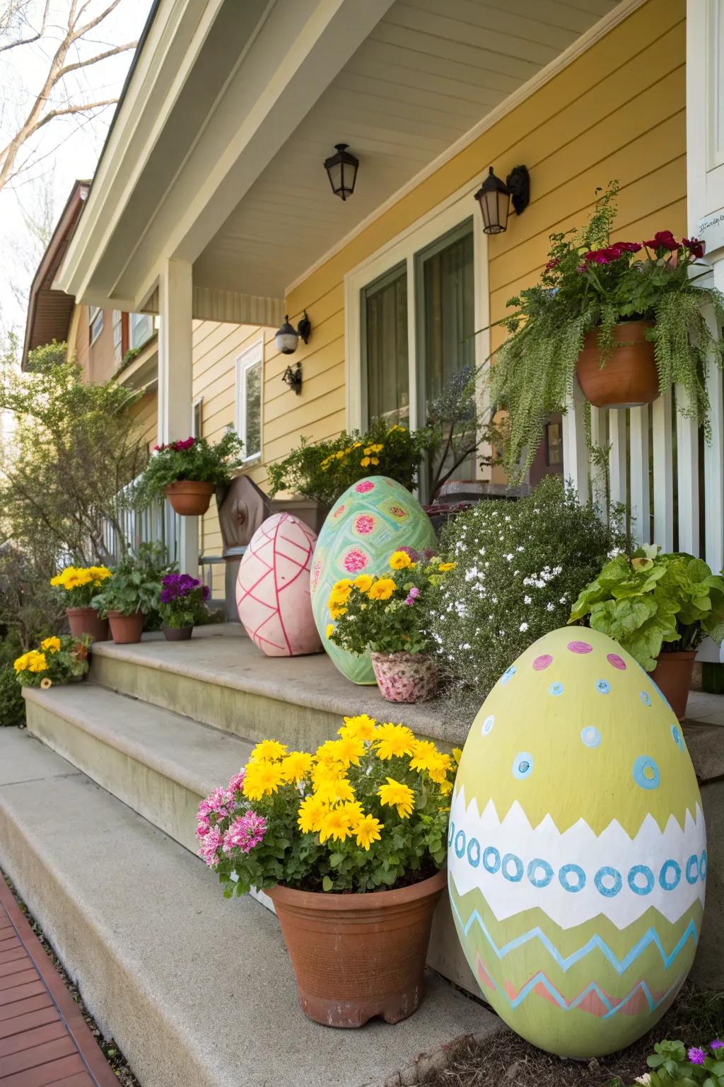 Decorative eggs bring a pop of color and fun to your porch.