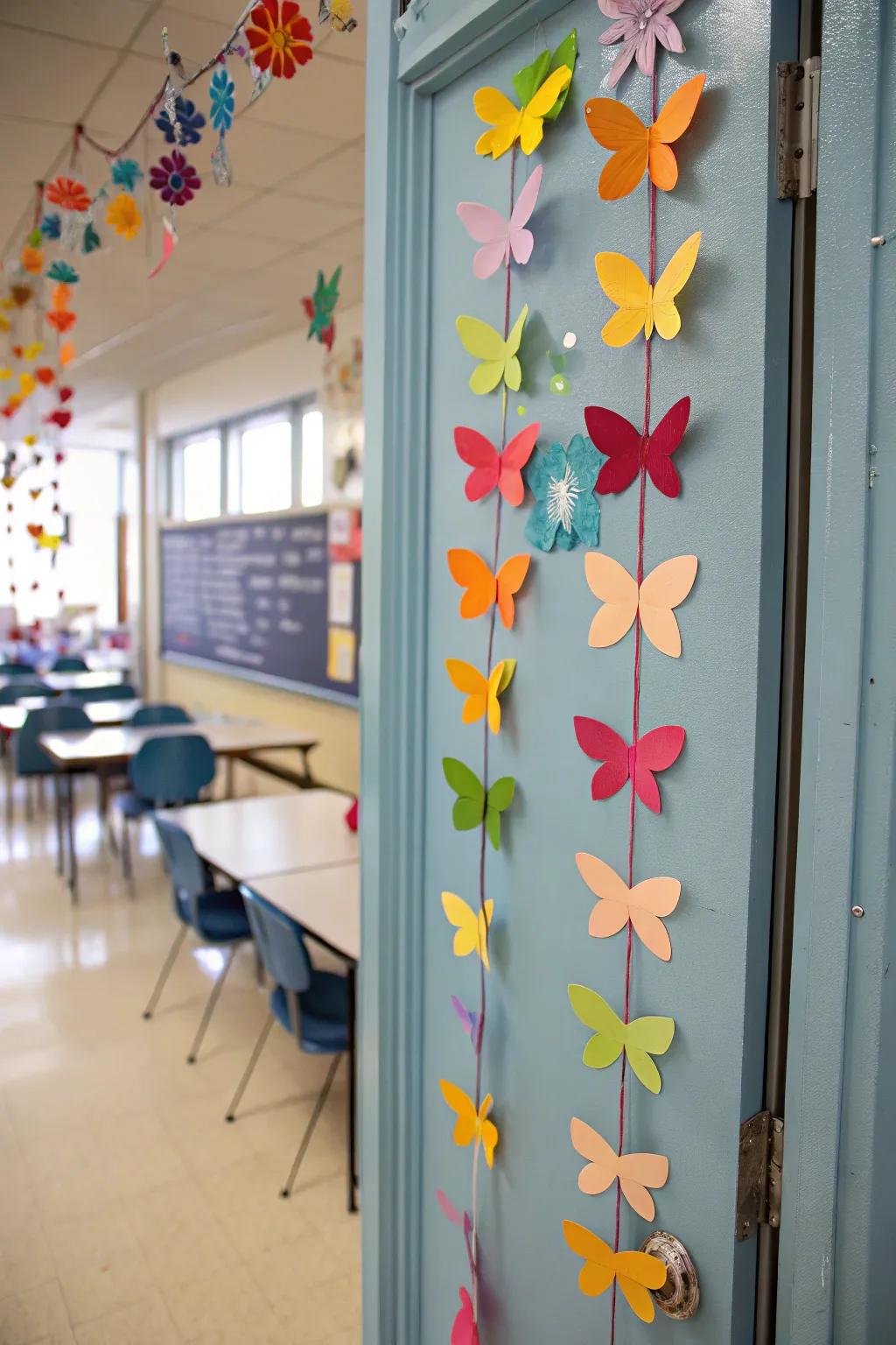 A classroom door covered in a flutter of vibrant butterflies, celebrating the arrival of spring.