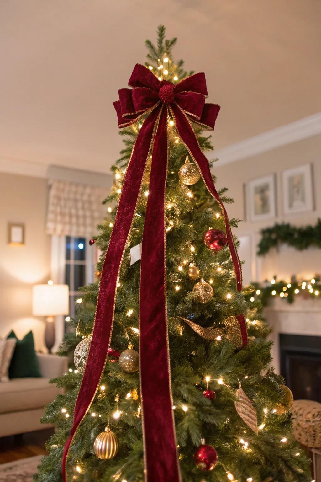 A velvet ribbon bow creates a stunning, elegant tree.