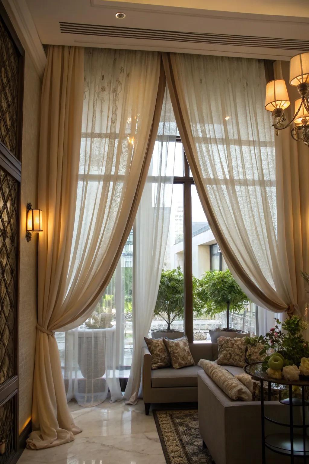 Layered curtains create a sense of depth and luxury.
