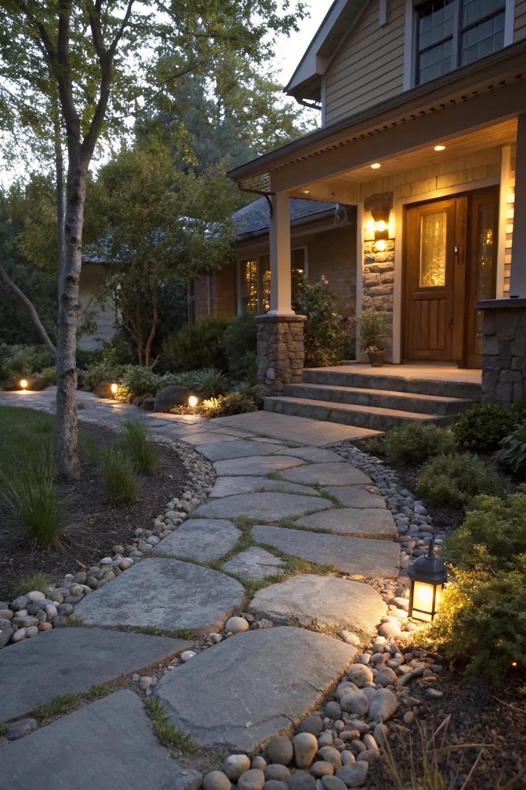A captivating stone pathway illuminated to guide you towards a welcoming front porch.