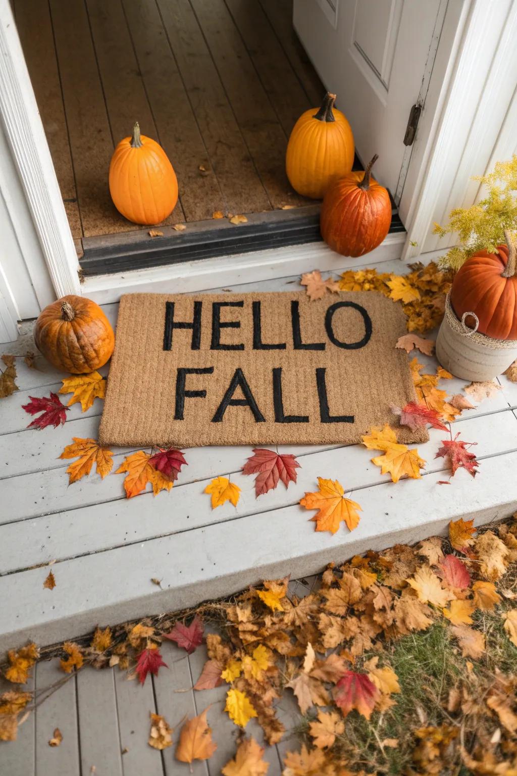An inviting doormat displaying a cheerful autumnal greeting.