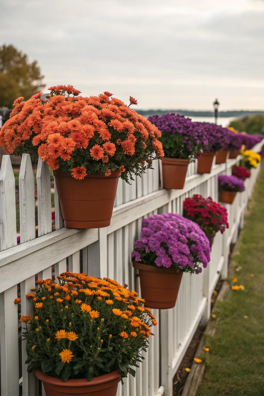 Vibrant mums in pots deliver rich autumn colors to a fence.