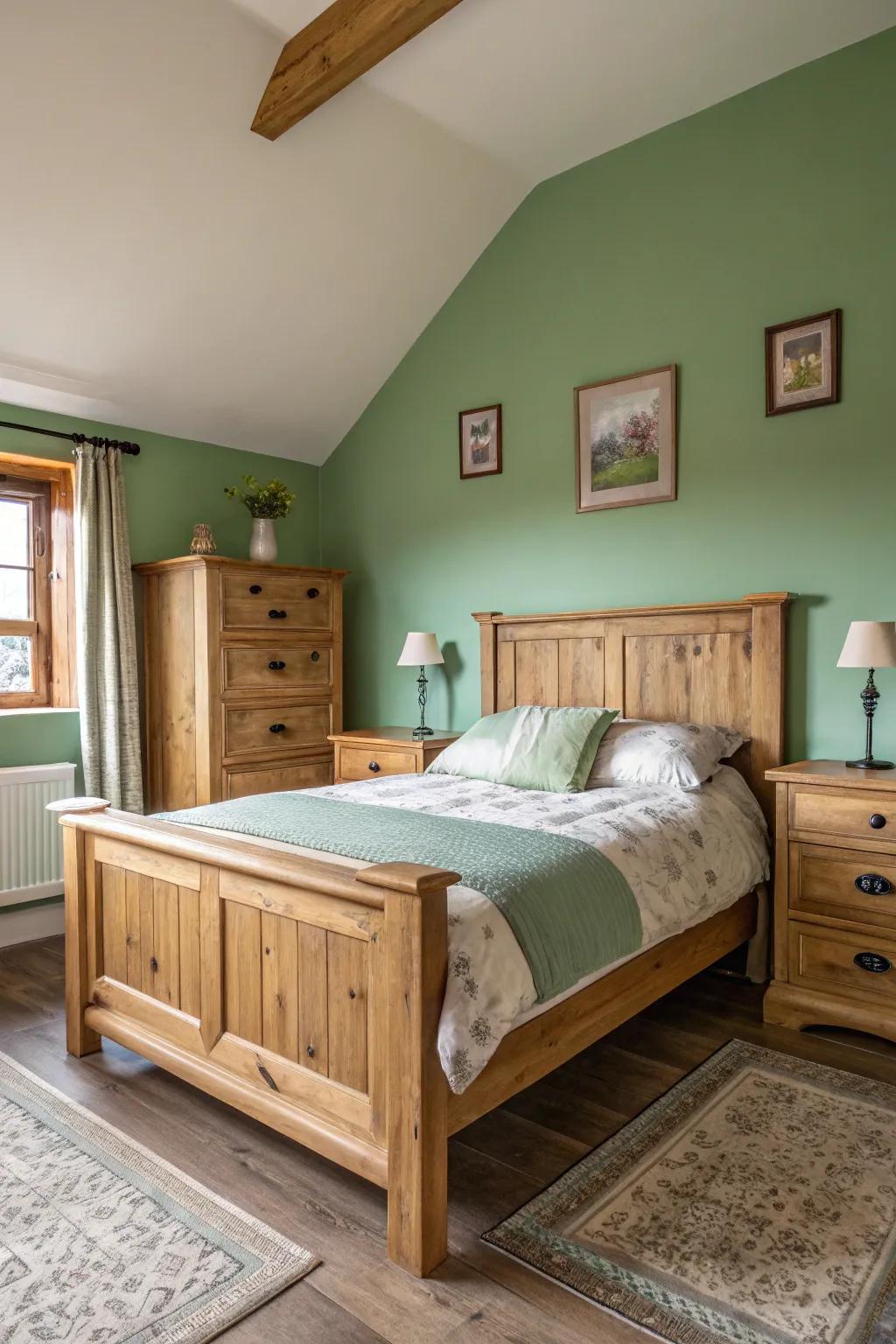 Soft green walls create a calming bedroom retreat.