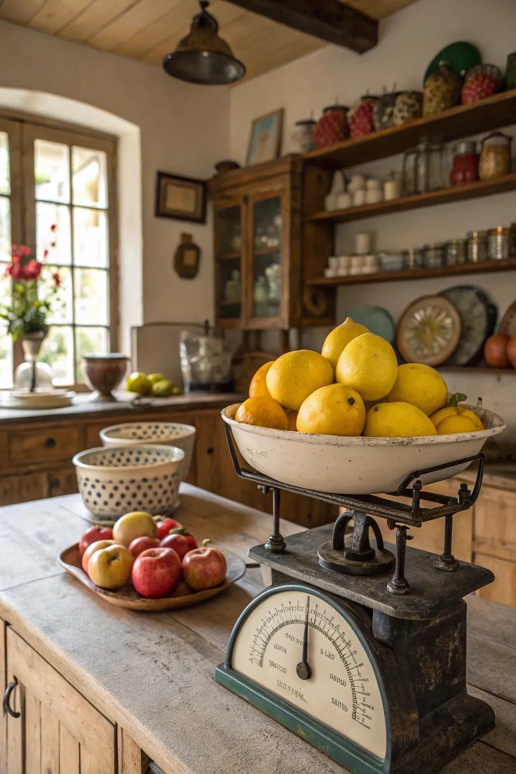 A seasonal fruit exhibition on a classic country-style balance.