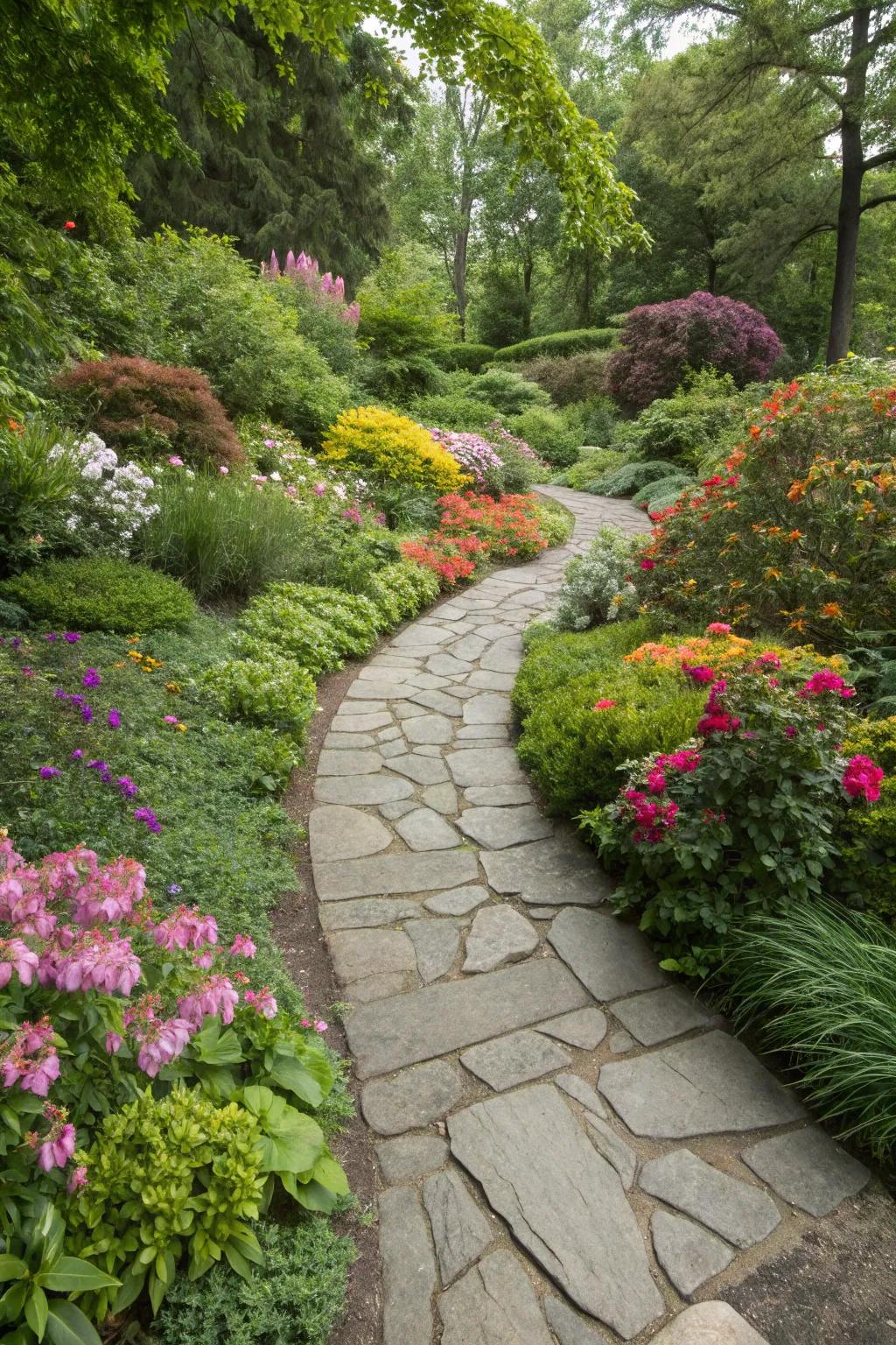 A cobblestone pathway intricately woven into a thriving garden tableau.