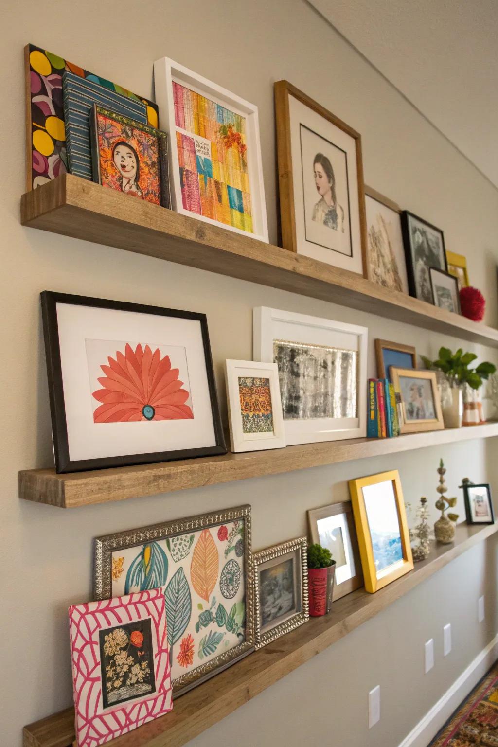 An artistic presentation utilizing floating shelves to frame photos and artwork.