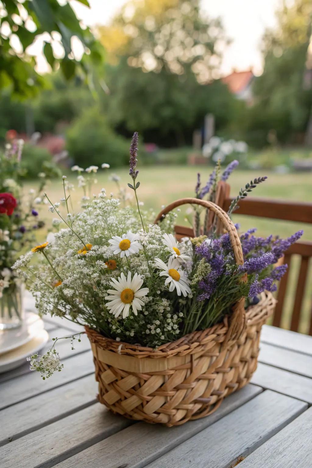 An enchanting wildflower basket conjuring a spring meadow.