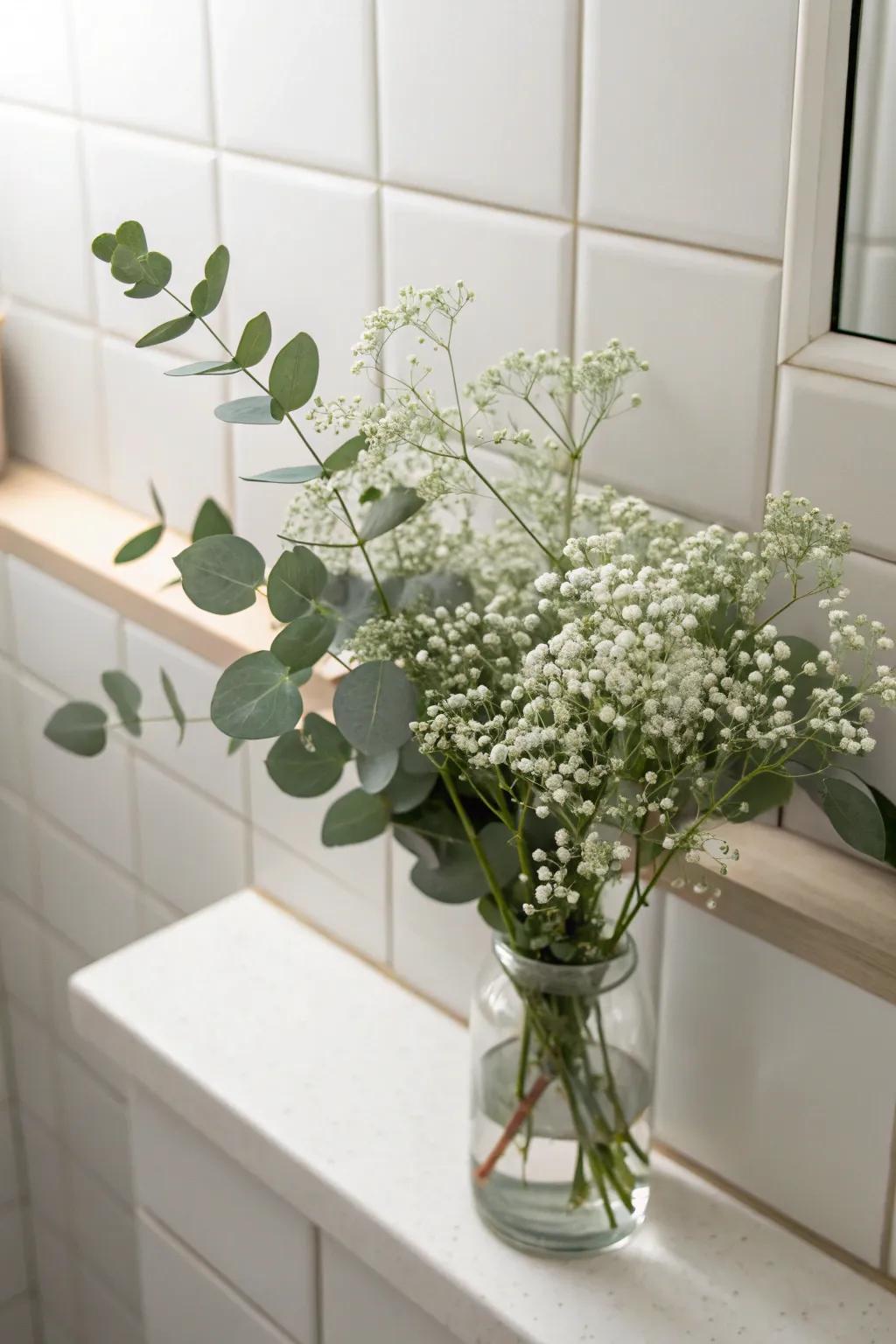 Delicate baby’s breath and eucalyptus on a bathroom shelf.