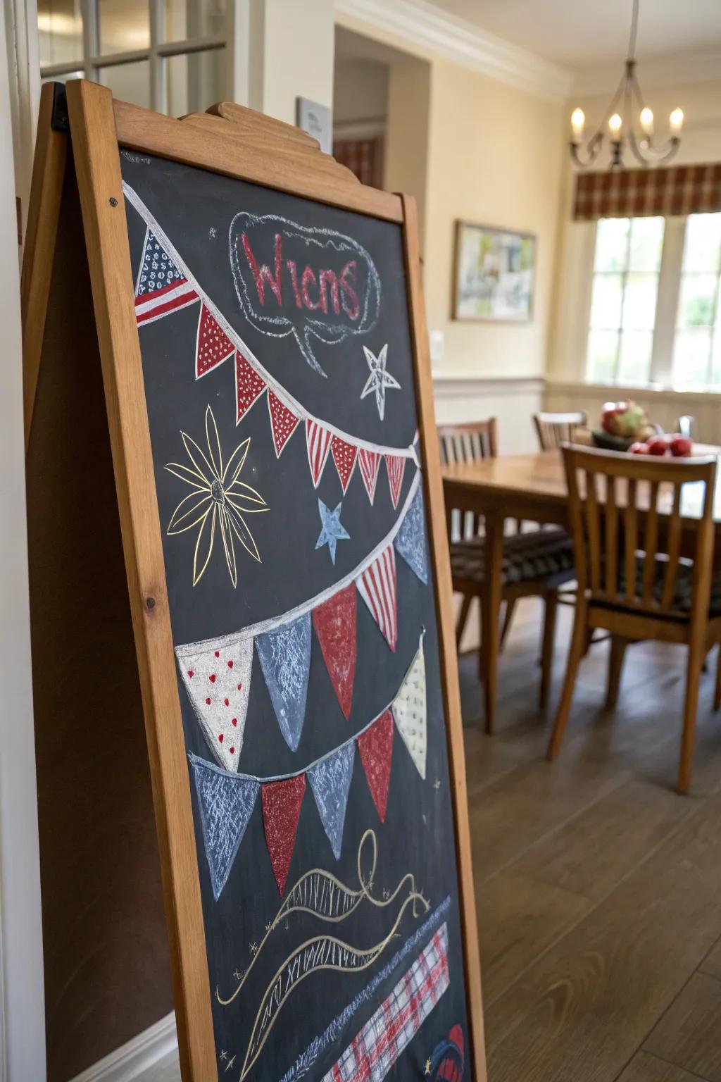 A festive patriotic banner on a chalkboard brightens up the room.