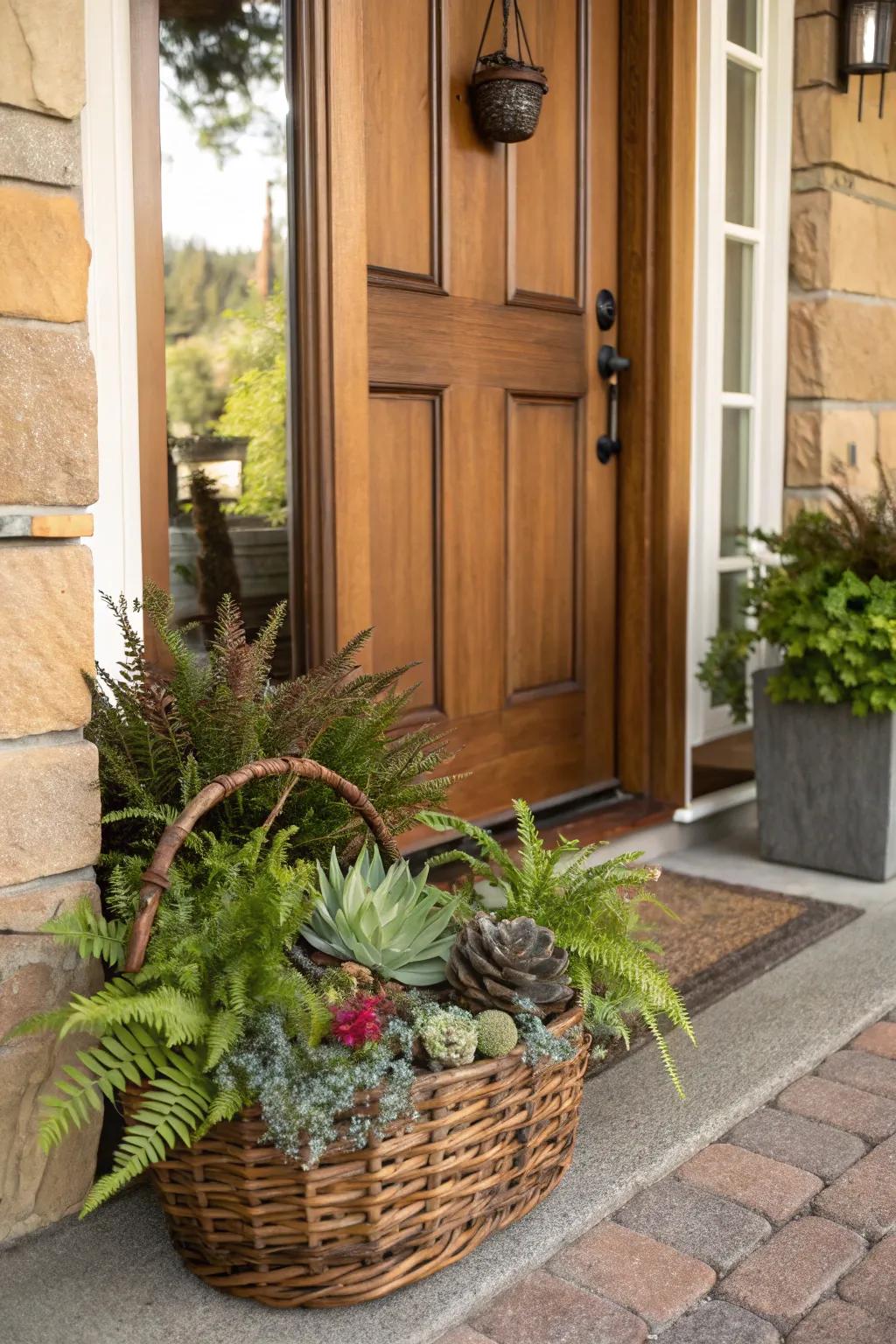 Succulents and ferns bring a modern, tropical feel to your front door.