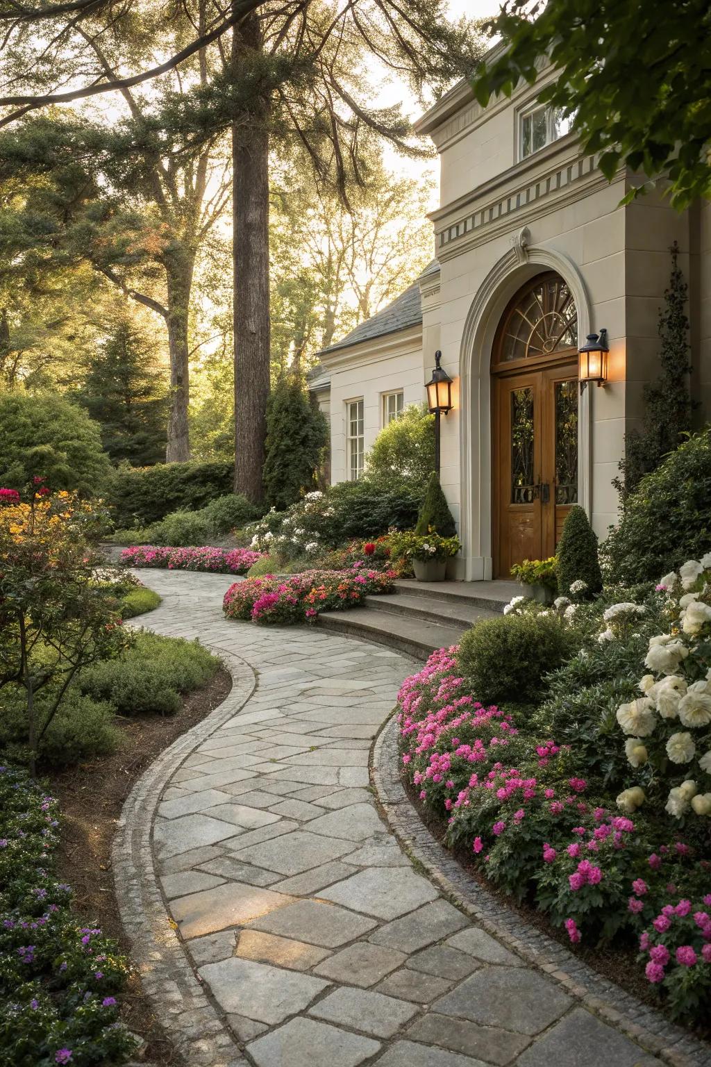 A stone walkway that gracefully guides visitors to the entrance.