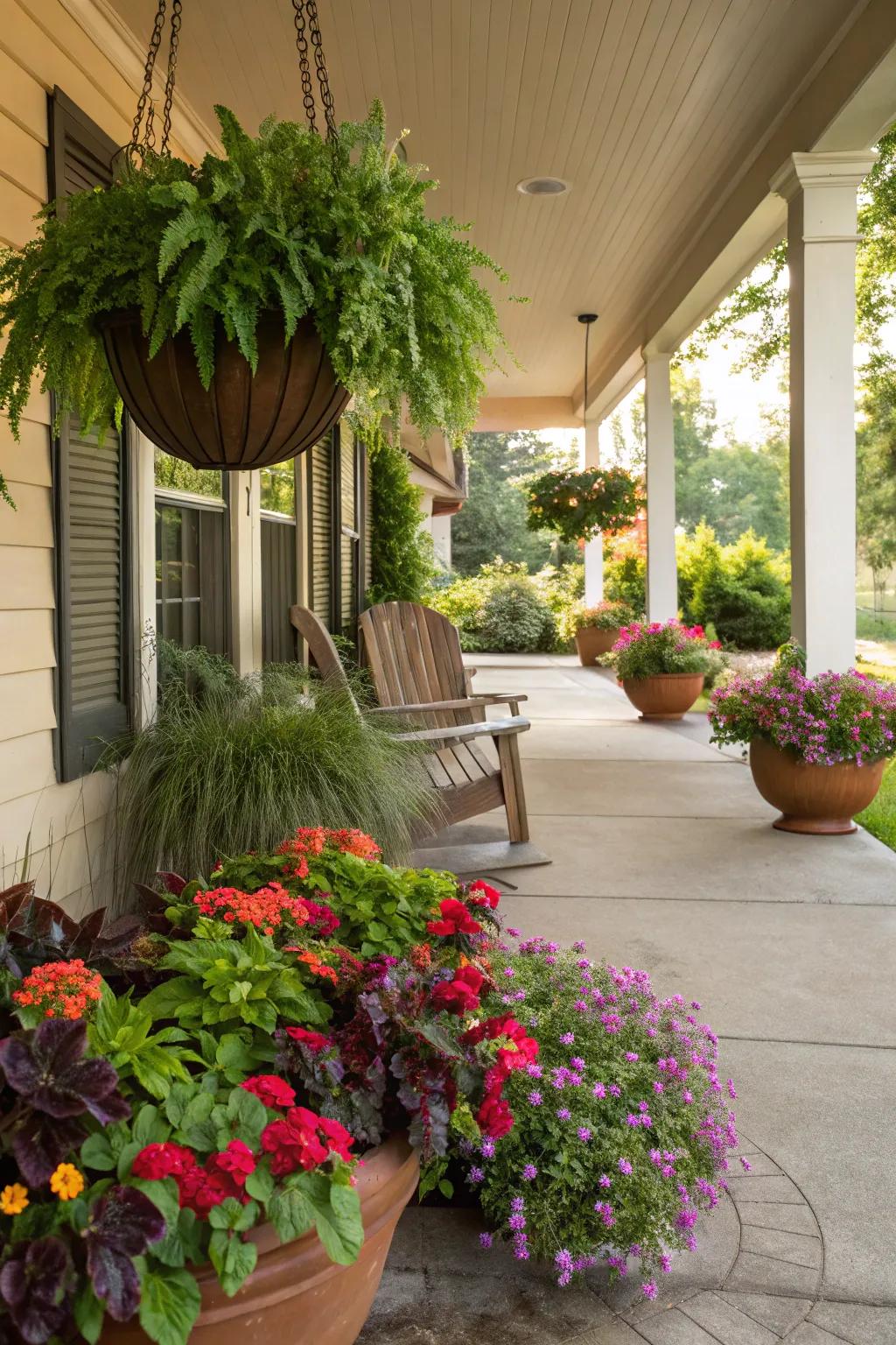 A front porch showcases an array of colorful planters overflowing with flowers.