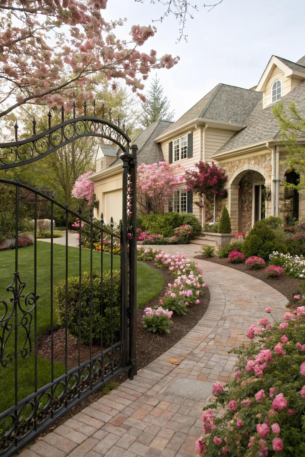 An arched wrought iron fence adding elegance to a front yard filled with flowers.