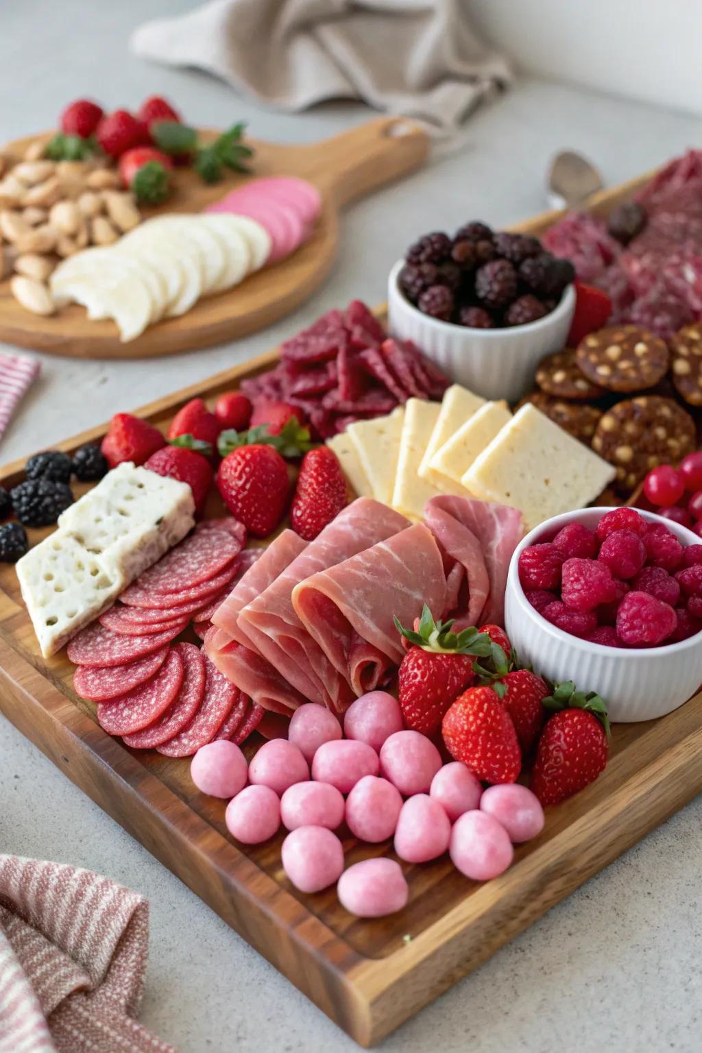 A beautifully organized charcuterie board, ideal for Galentine's Day.