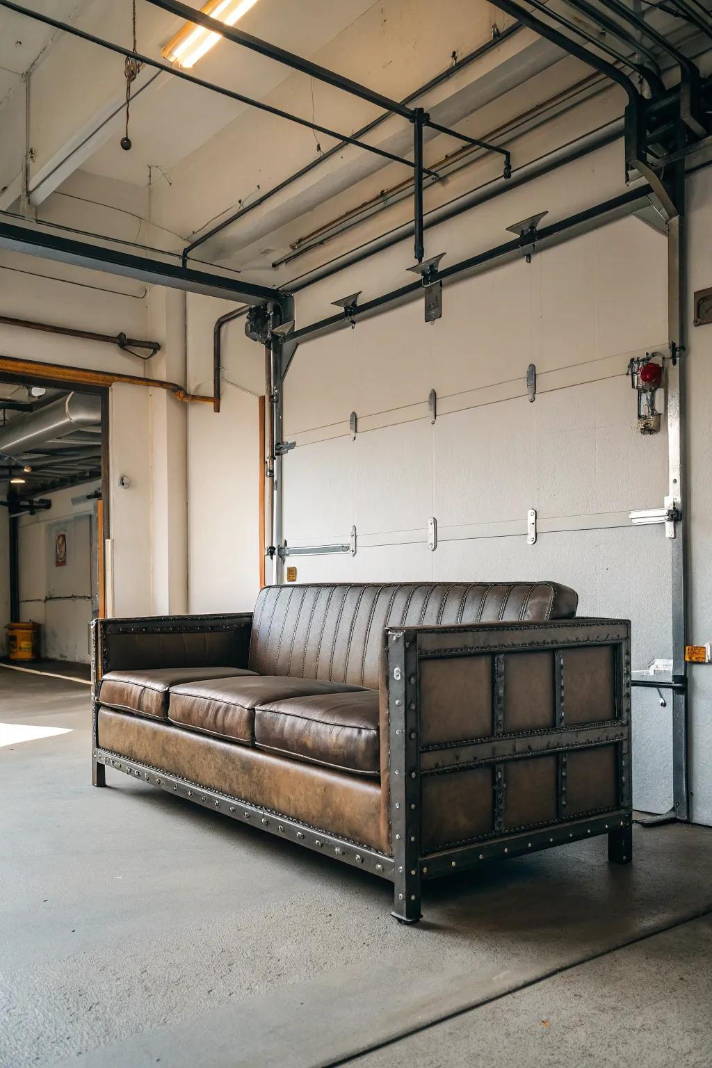 Modern industrial style brings a contemporary edge to your garage with metal and leather features.