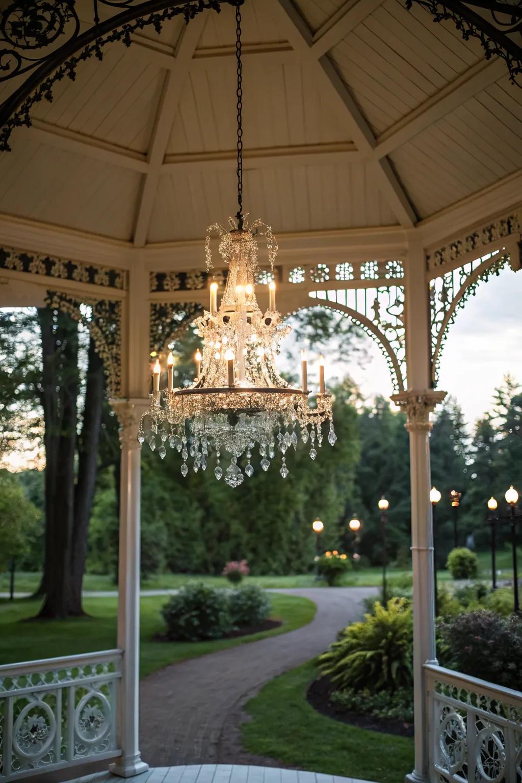 A chandelier serving as the elegant centerpiece in a gazebo.