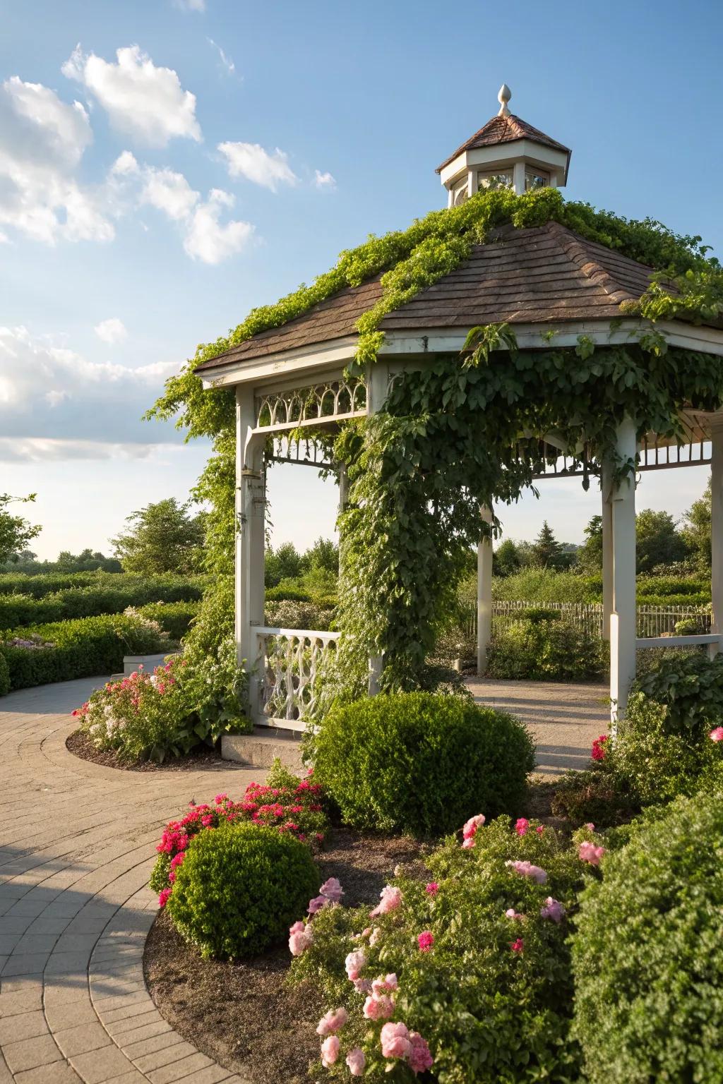 A gazebo with a pergola roof, gracefully adorned with climbing flora.
