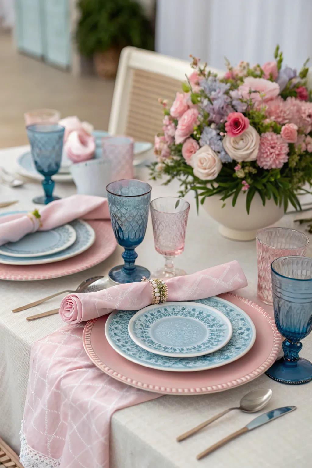 A beautifully arranged tablescape with subtle gender reveal hints.