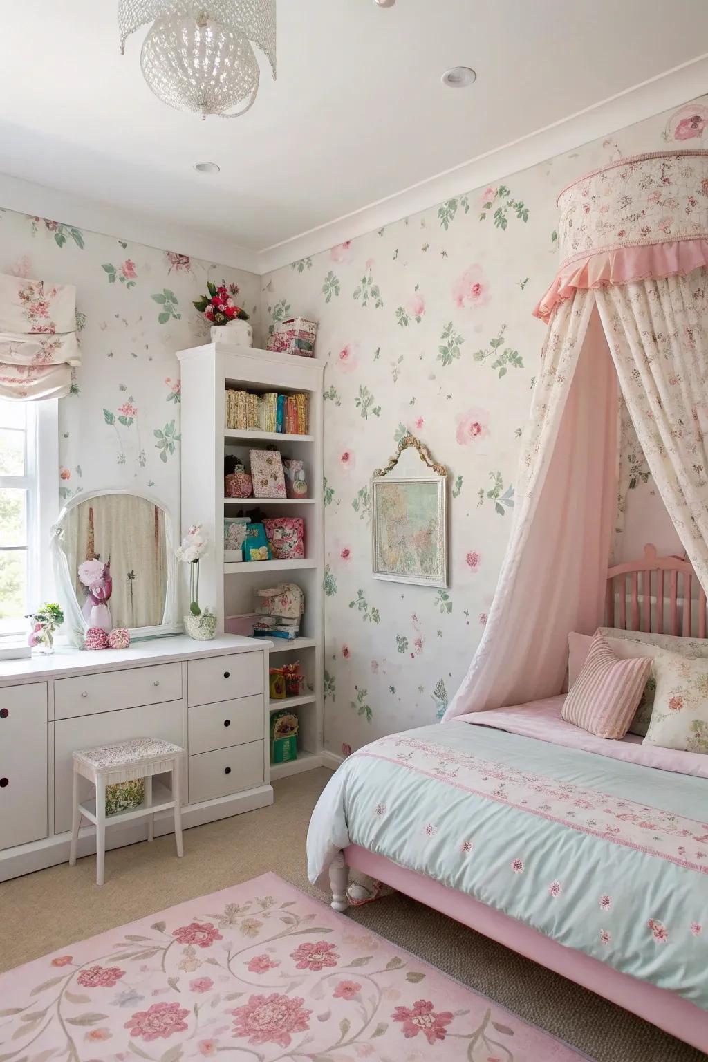 Floral patterns enhance the room with a natural, whimsical touch.