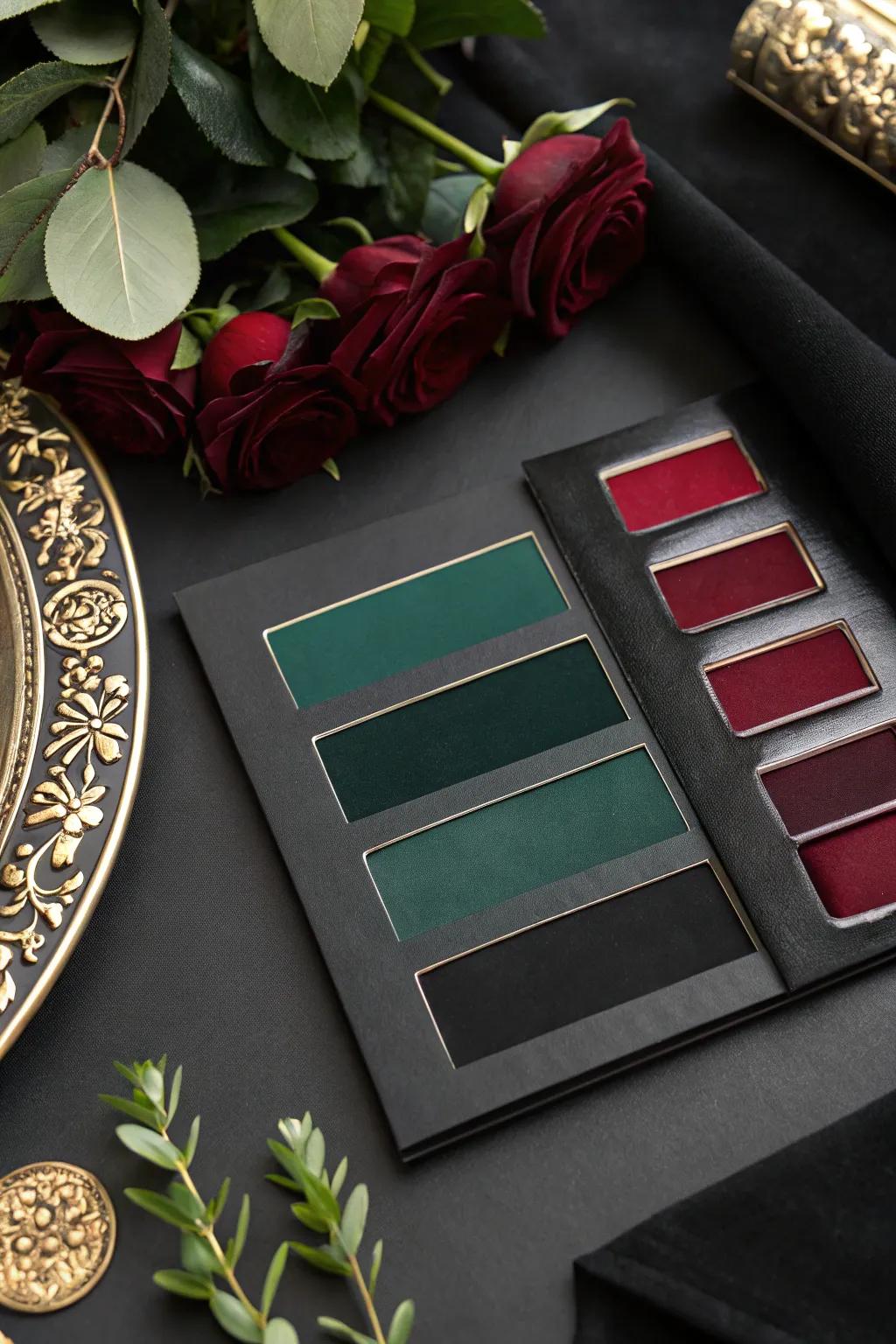 A Gothic wedding palette featuring black, emerald, and burgundy shades.