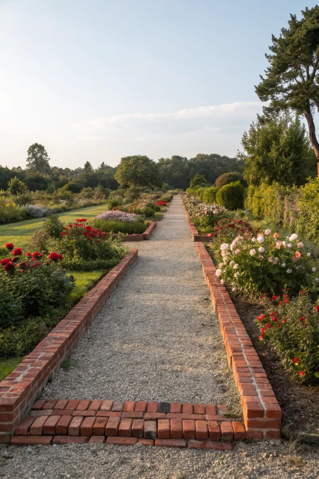 Brick borders neatly define the edge of a gravel path.
