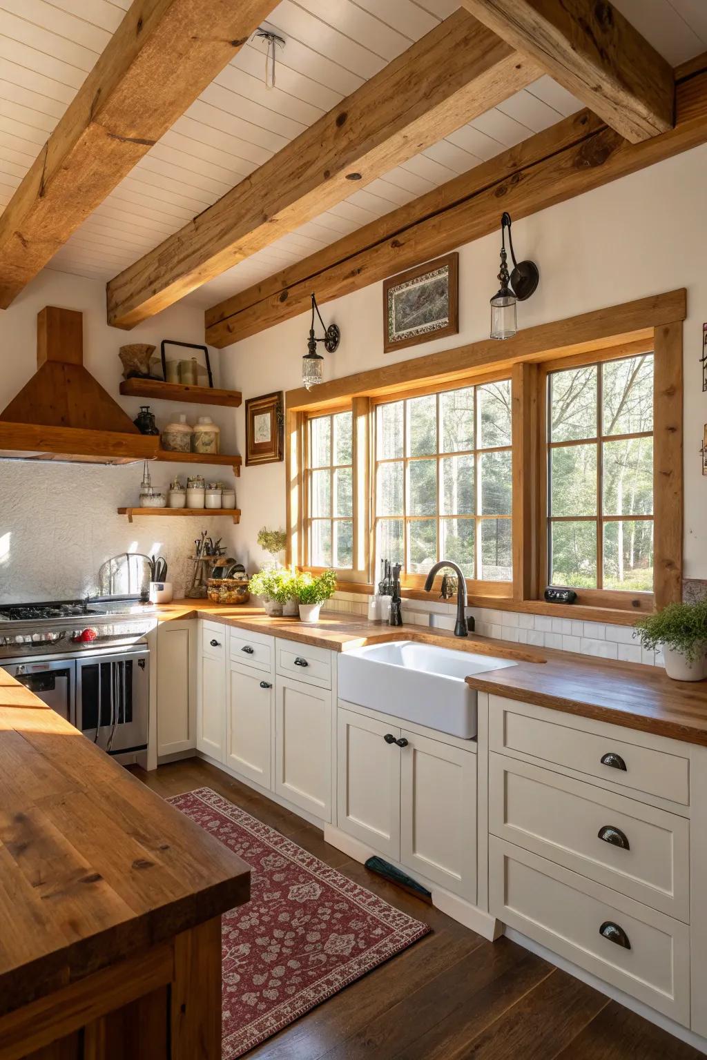 Raw timber elements adding warmth to a kitchen with green accents.