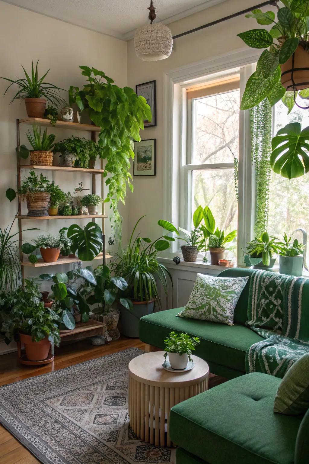 Abundant greenery injects vitality and energy into this living space.
