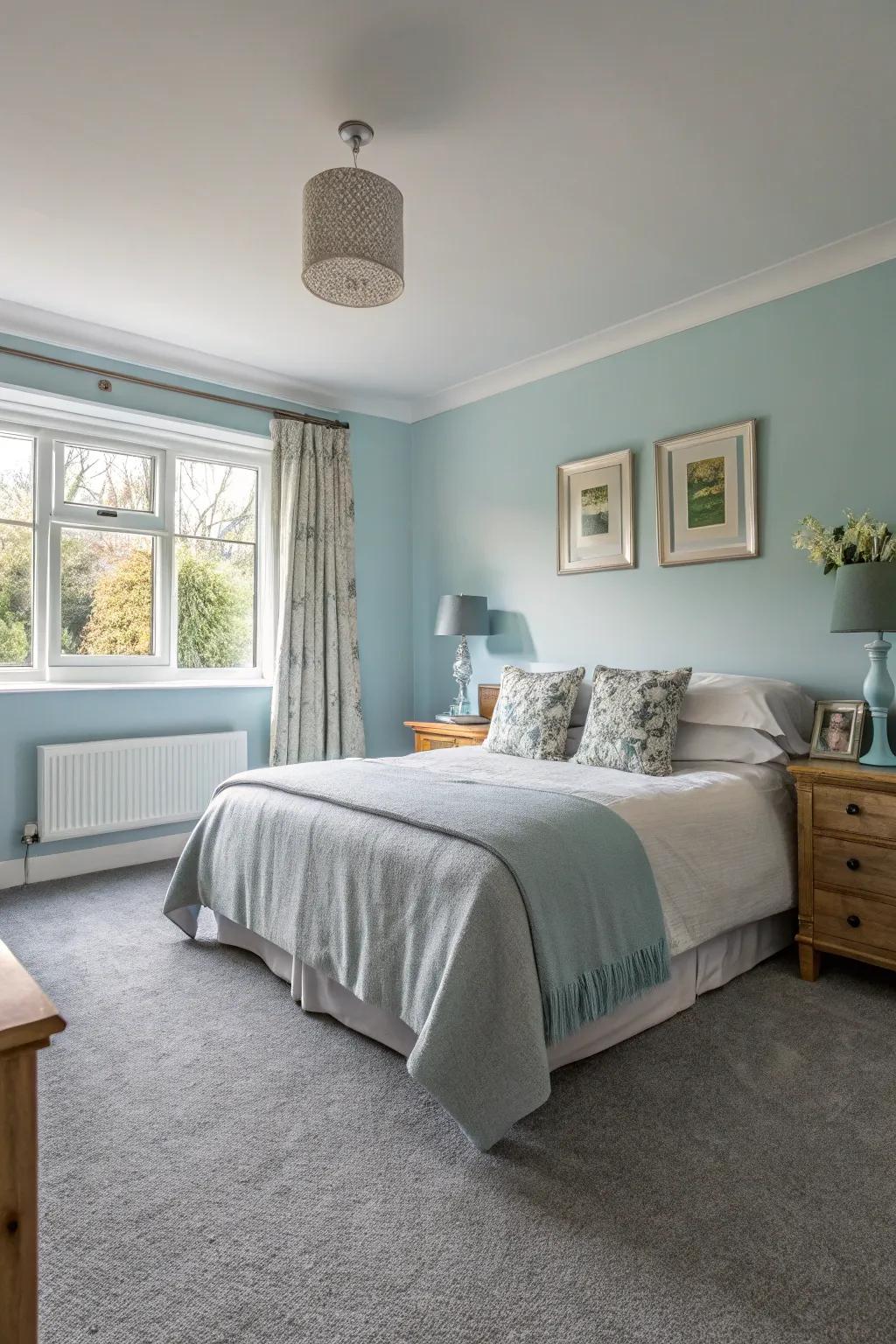Sky-tinted walls conjure a serene escape alongside gray carpets.