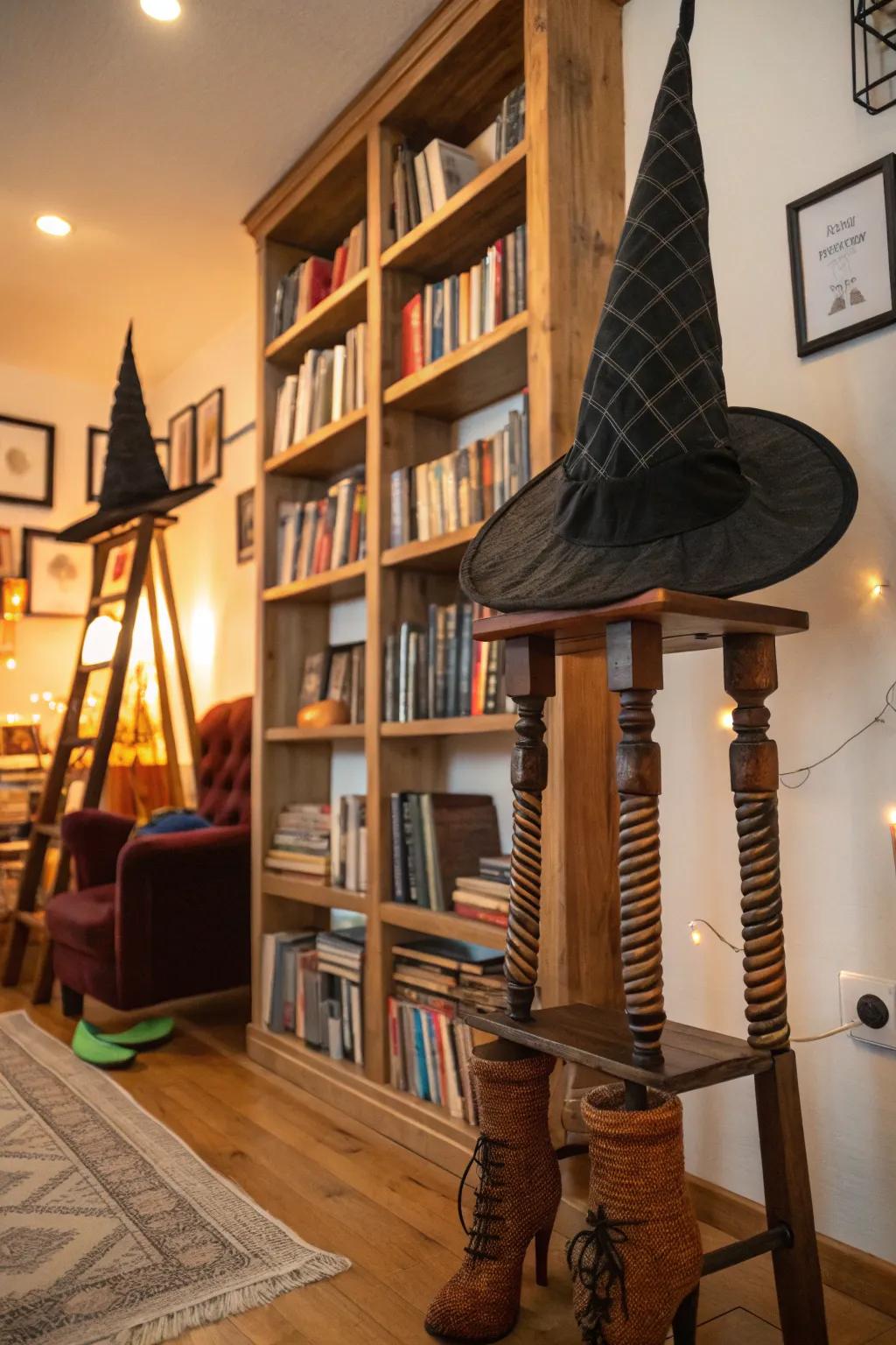 Quirky enchantress adornments nestled in a library.