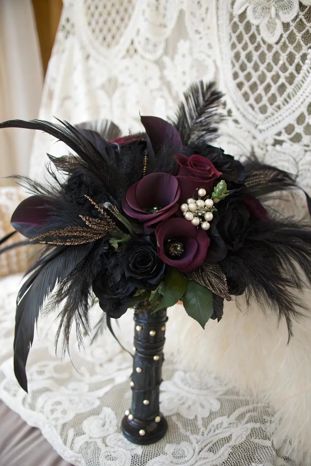 Feathers add a distinctive, dreamlike quality to Halloween wedding bouquets.