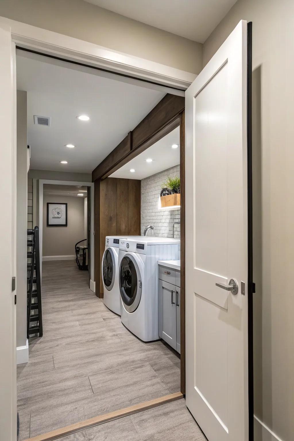 Pocket doors present a neat and space-optimized entrance to a laundry room.