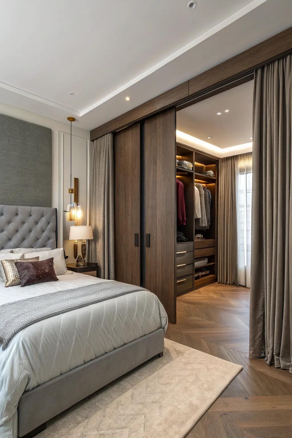 An elegant bedroom featuring a secret door leading to a closet.