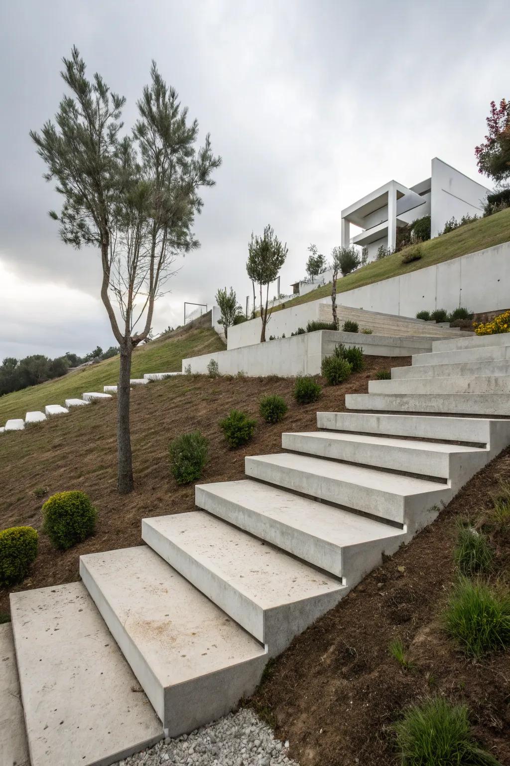 Floating concrete steps bring a modern elegance to your landscape.