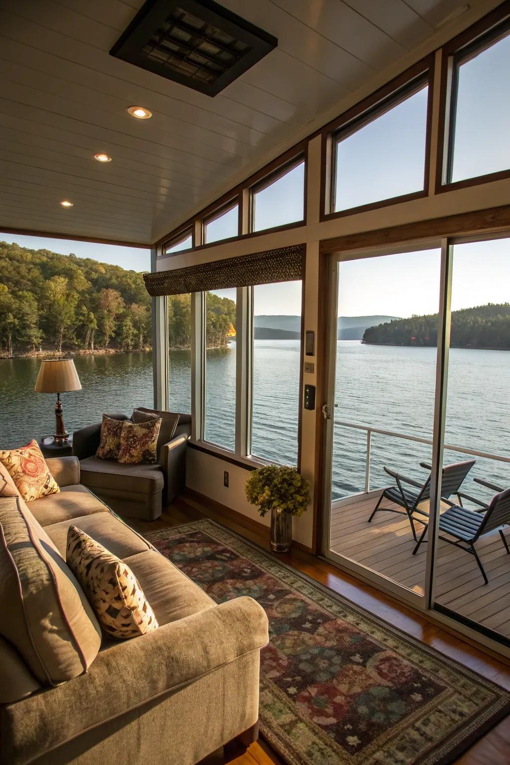 Large windows maximize light and views in this houseboat's living room.