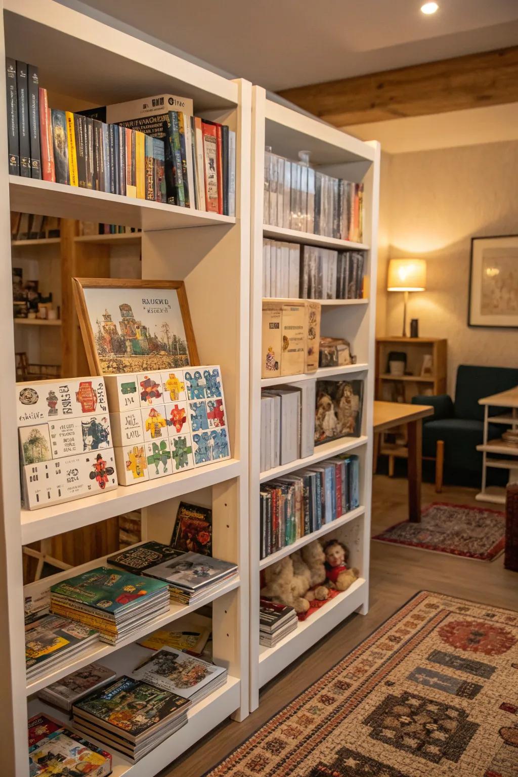 Puzzles beautifully arranged on a shelving unit.
