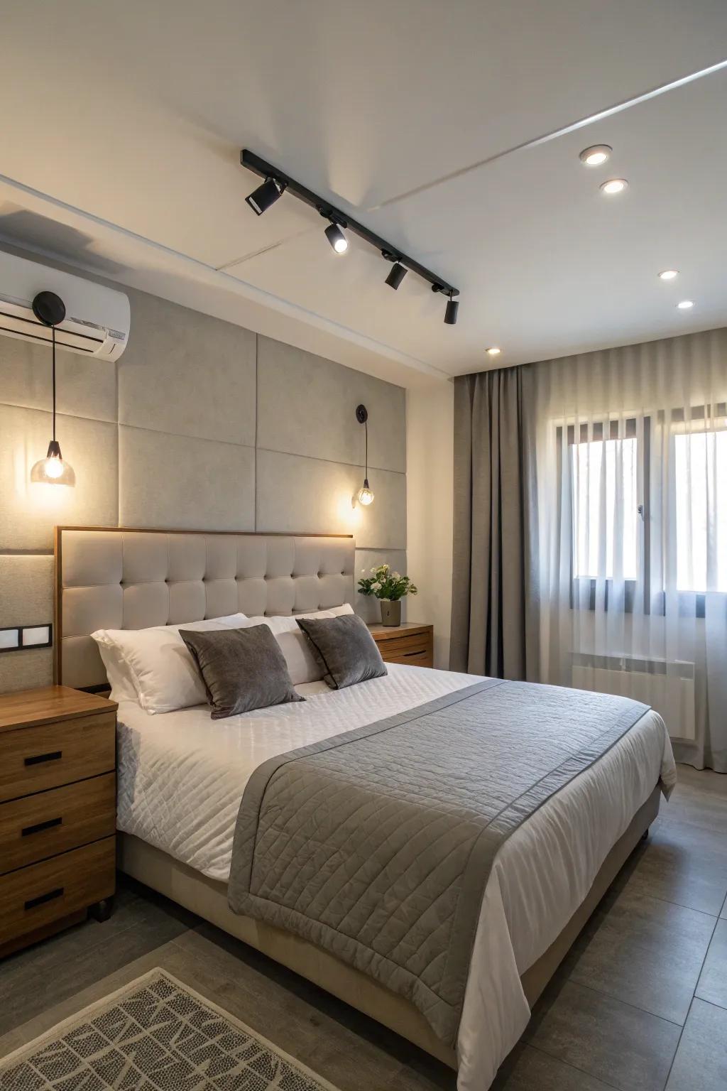 Snug boudoir showcasing industrial LED panel lighting