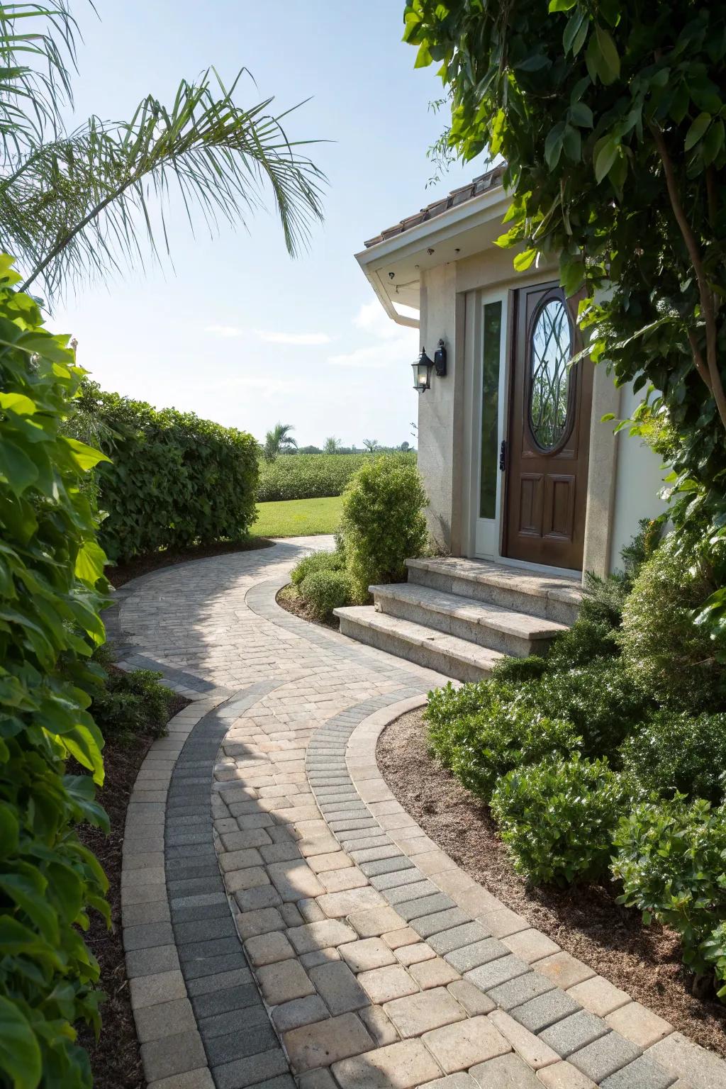 Curved interlocking paths invite you in with a welcoming allure.