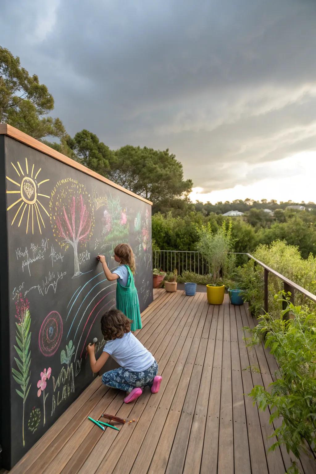 A deck with a large chalkboard wall where kids are drawing with colorful chalk.