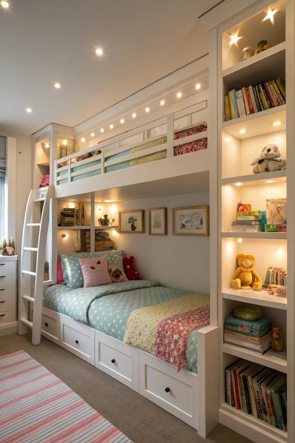 Tiered sleeping arrangements that proficiently employ space within shared children's chambers.