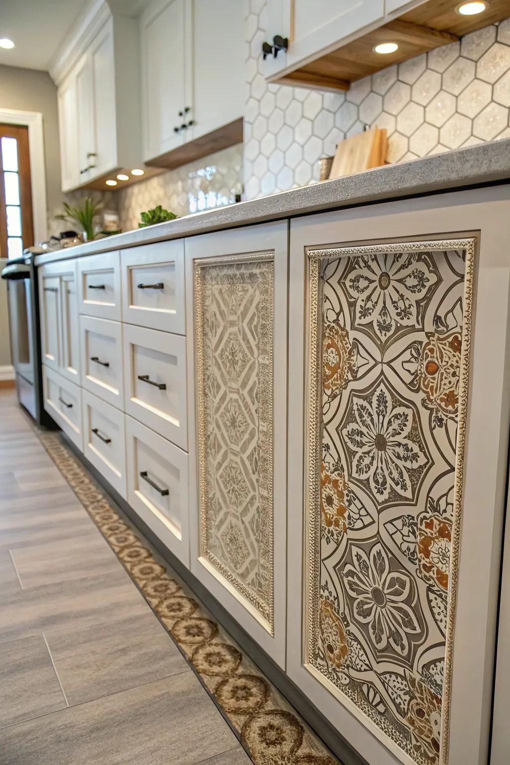 Artistic under-cabinet panels metamorphose the quotidian into a masterpiece.