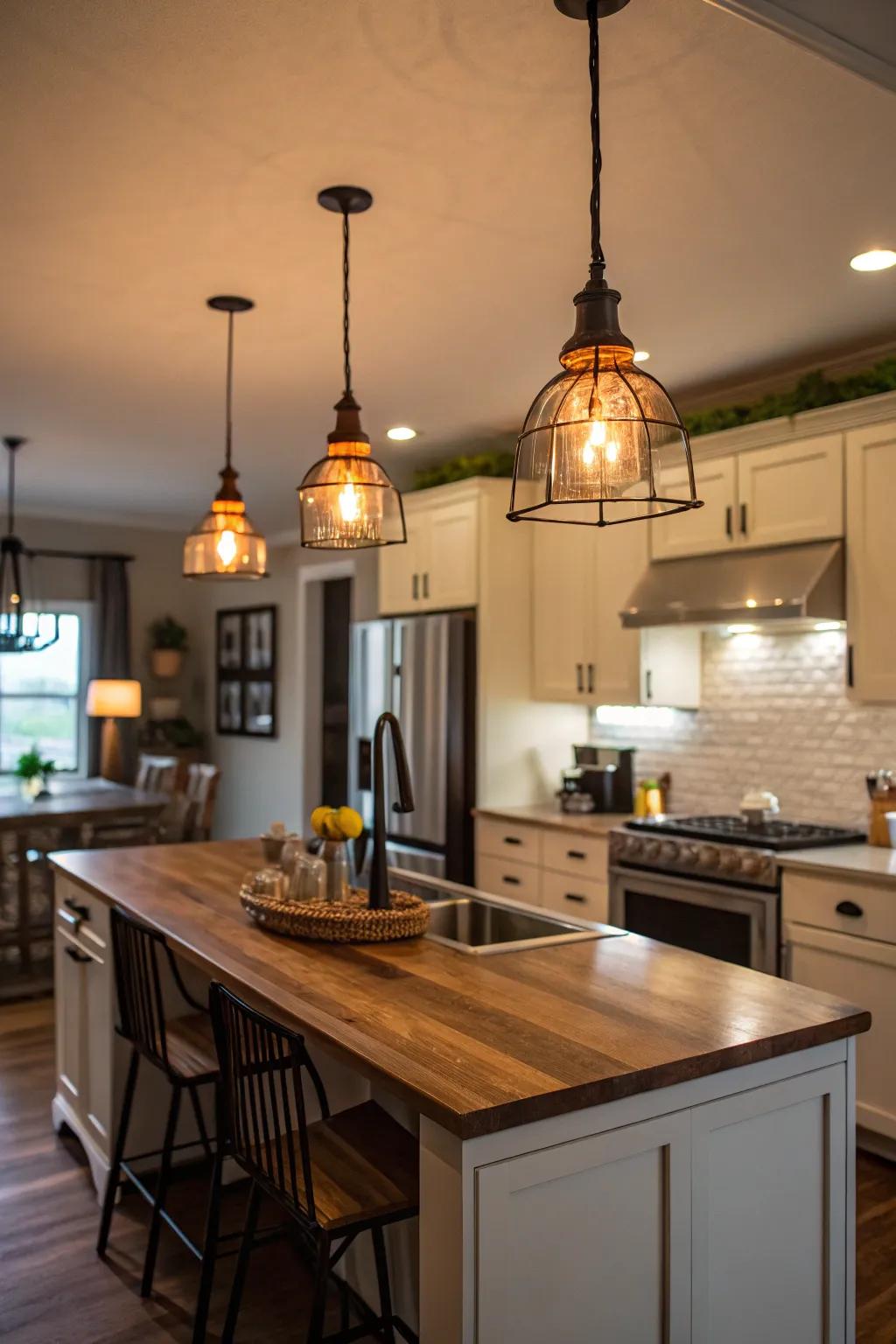 Pendant lights amplify the inviting atmosphere around the kitchen island.