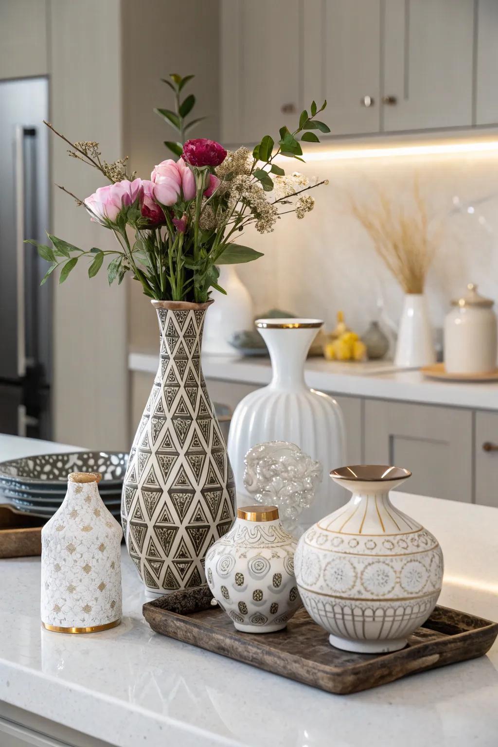 Differing vase structures infuse refinement and fascination into your tableau.
