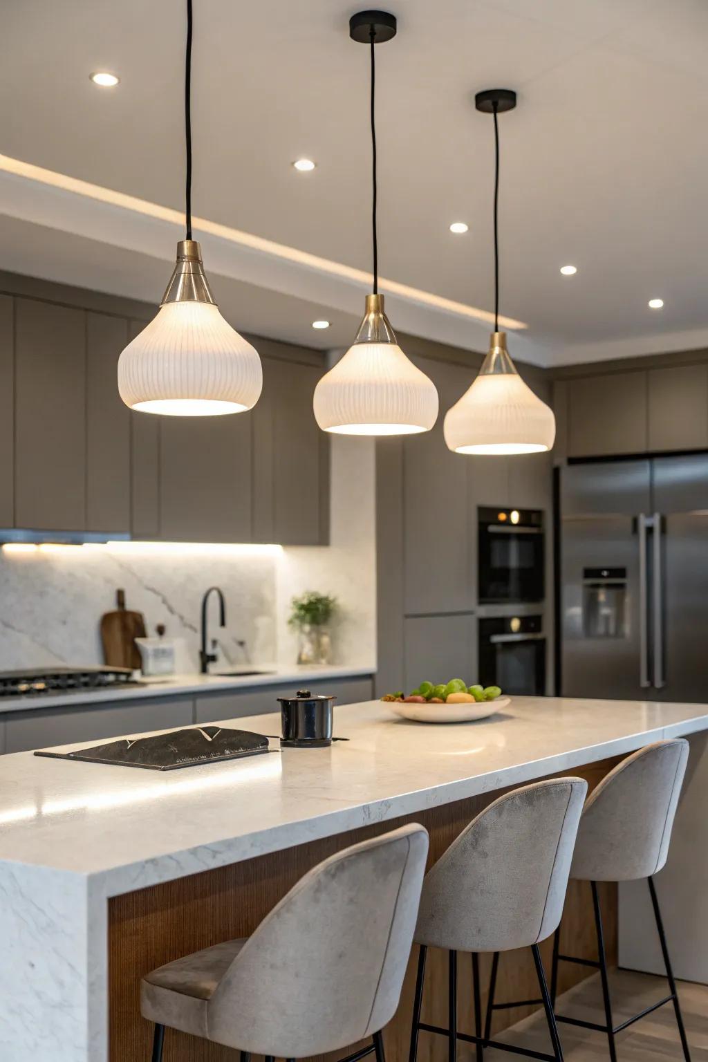 Pendant lighting enhances the ambiance and functionality of the kitchen island.