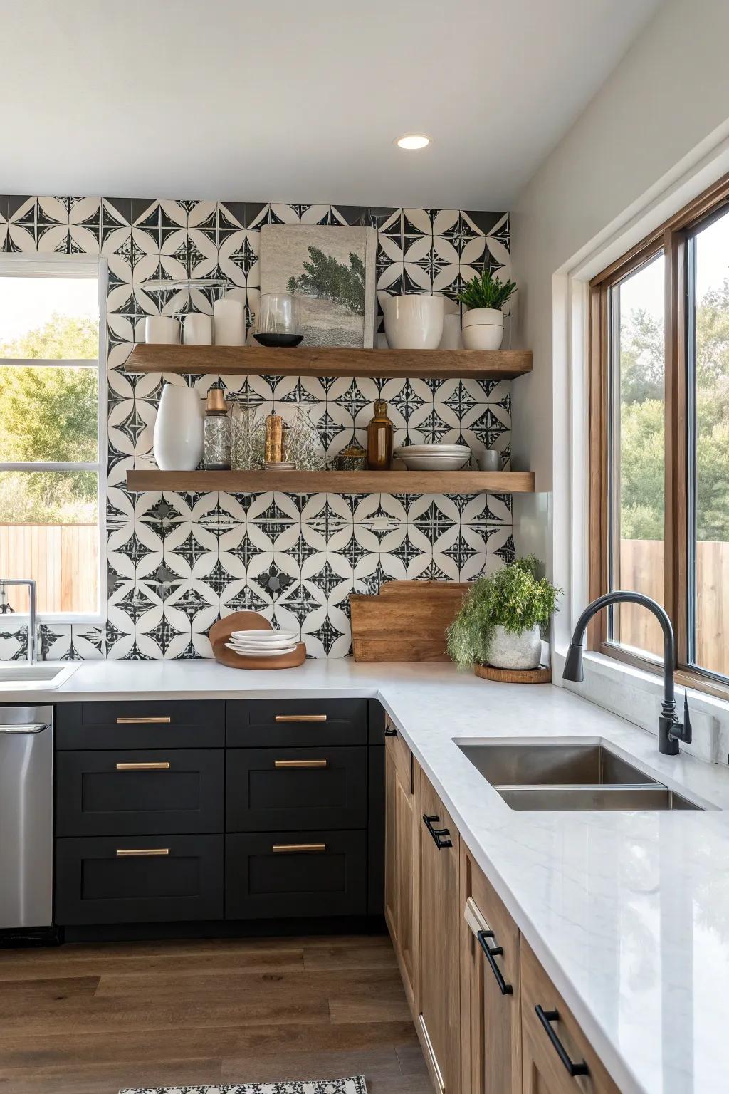 A geometric backsplash adds a dramatic touch to floating shelves.