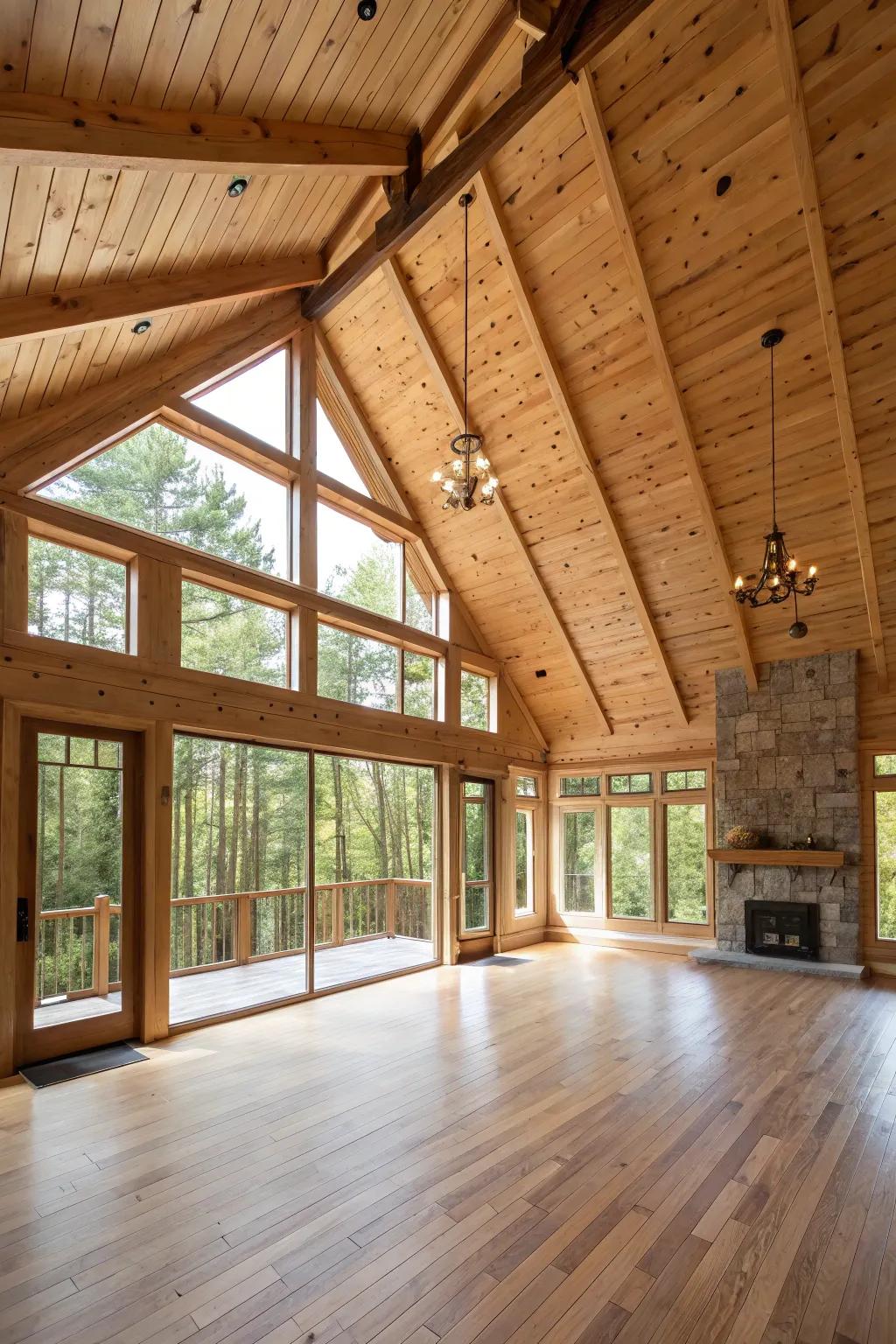 A spacious area featuring a grand lofted ceiling crafted from rough-sawn fir.