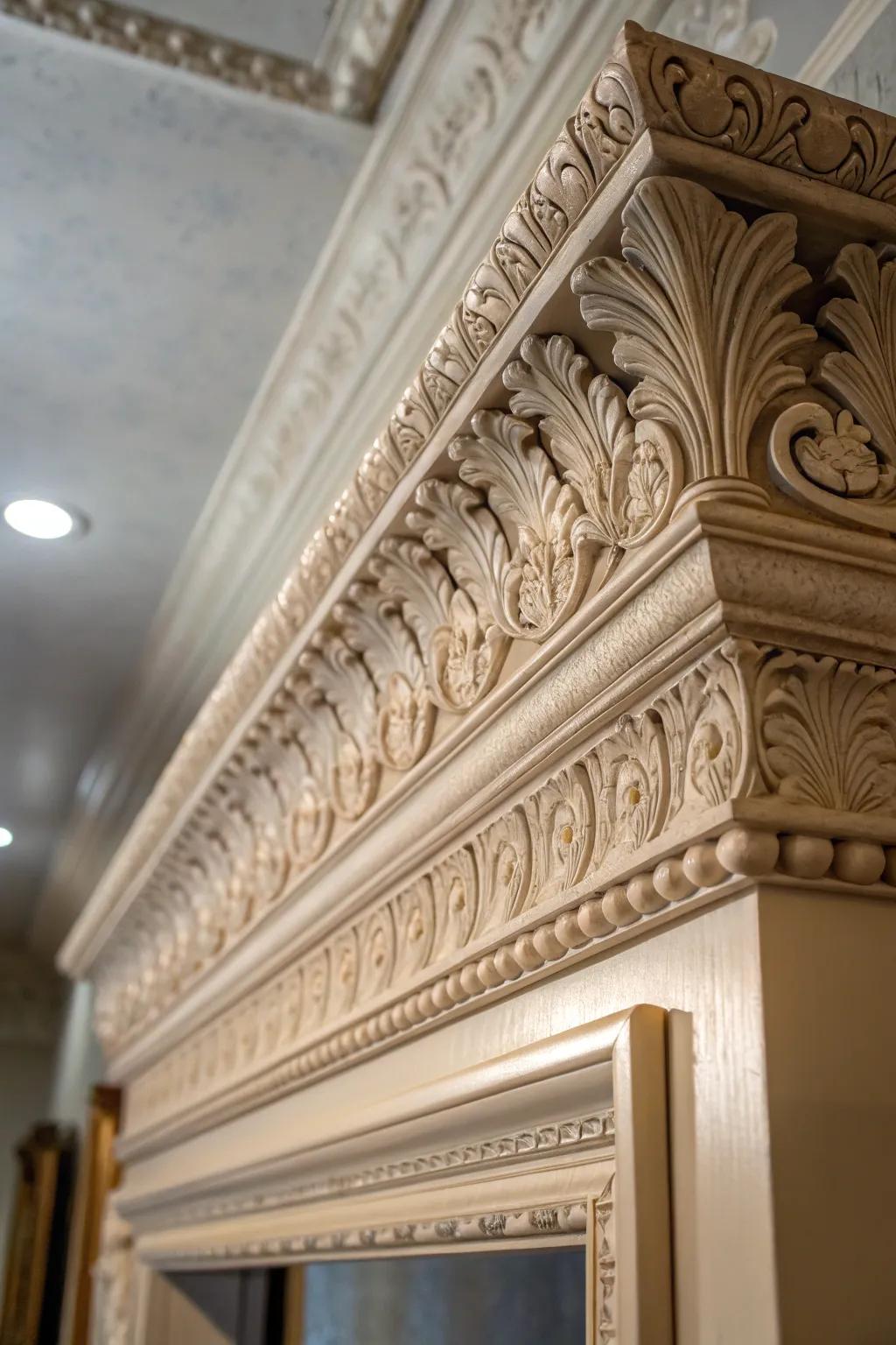 A detailed view of ornate broad crown molding, displaying its exquisite craftsmanship.