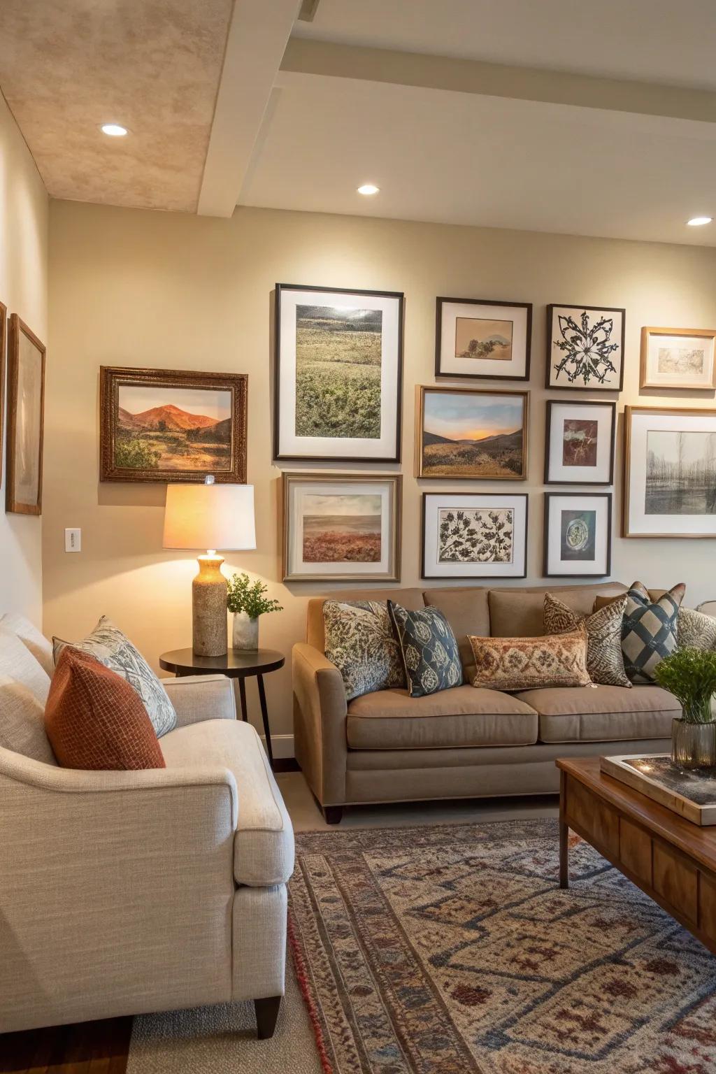 A gallery wall serves as a personalized and dynamic focal point in this living room.