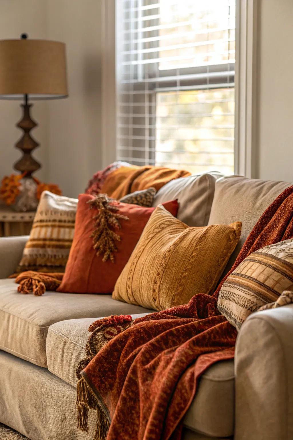 Plush throws and cushions add warmth and comfort to this cozy autumn living room.